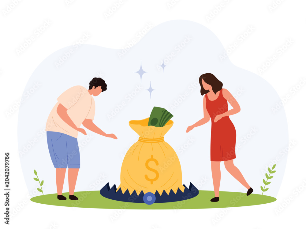 Fototapeta premium Man and woman attracted to a large money bag set inside a bear trap symbolizing financial scam, risk, and danger in investment isolated vector illustration