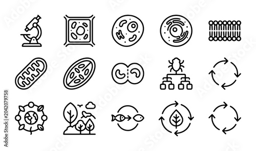Bild auf Leinwand Biology Icons Set: Cell, Microscope, DNA, Ecosystem, Science Vector Graphics