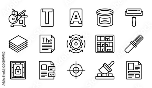 Tableau sur toile Printing Press Icons, Typography Letters, Ink Can, Roller, Paper Stack, Document