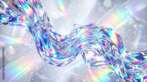 Abstract colorful wave of translucent liquid with shimmering reflections and sparkles on a soft gradient background creating a dynamic visual effect