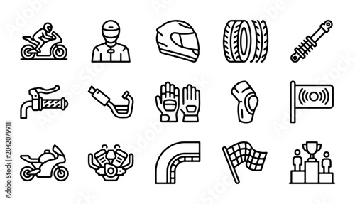Bild auf Leinwand Motorcycle Racing Icons Set: Rider, Helmet, Bike, Tire, Track, Flag, Trophy, Vec
