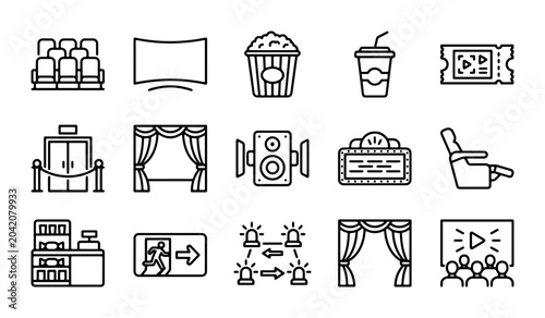 Foto Cinema Icons Set, Movie Theater Vector Graphics, Entertainment Symbols Collectio
