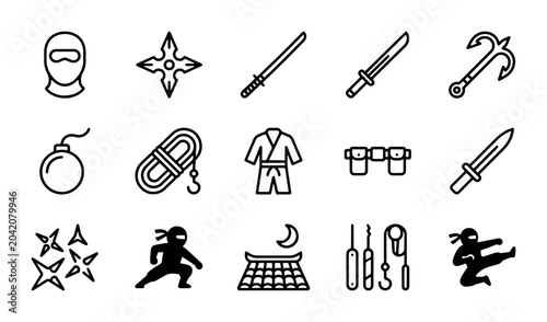 Cuadro en lienzo Ninja Warrior Icons, Martial Arts Symbols, Samurai Weapons, Stealth Gear, Combat