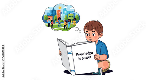 boy reading book with knowledge is power text and cityscape thought bubble