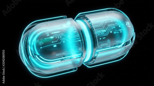 Futuristic digital pill design featuring transparent capsules with glowing circuitry patterns and data display elements against a black background