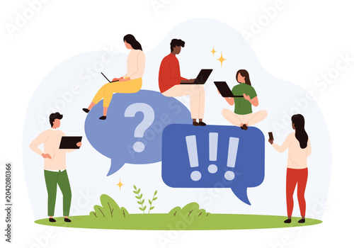 Group of diverse people using laptops and devices around large question and exclamation mark speech bubbles representing online communication and problem solving isolated vector illustration