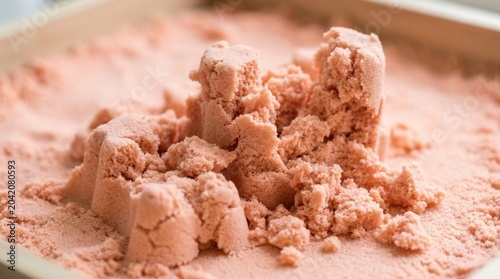 Pink sandcastle structure made from fine pink sand inside a wooden tray, showcasing texture and detail of the sand grains and surrounding area