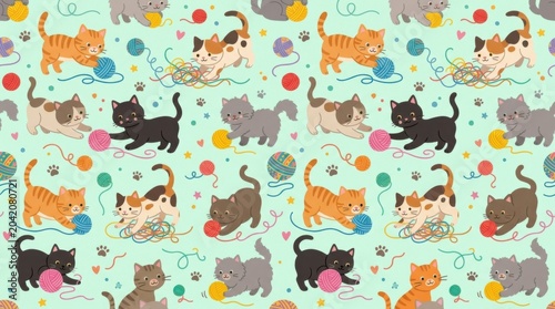 Colorful illustration of playful cats in various poses with yarn balls and playful elements on a light blue background, ideal for children's decor or pet-related designs