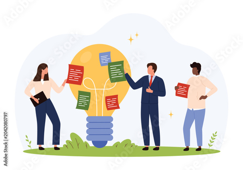Business people discussing strategy, planning solutions, exchanging ideas, and teamwork around a giant light bulb symbolizing innovation and cooperation isolated vector illustration