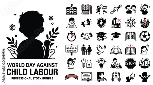 Foto World Day Against Child Labour icon set, black line vector bundle for human righ