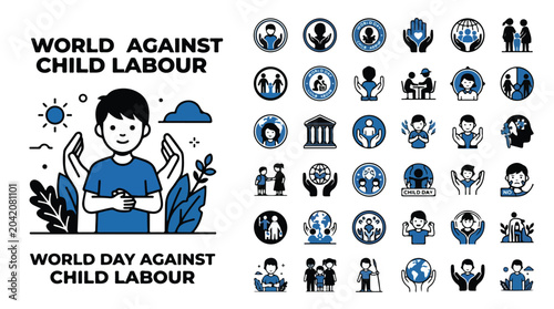 Foto World Day Against Child Labour icon set, 30 blue and black line vector elements,
