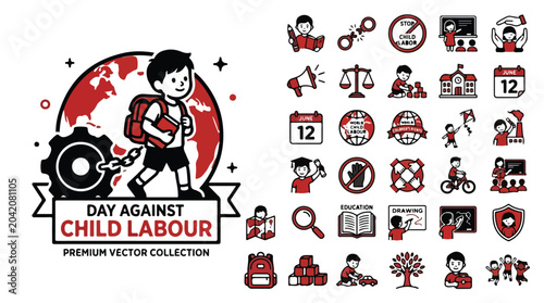 Konstfotografi World Day Against Child Labour icon set, 25 vector elements for human rights awa