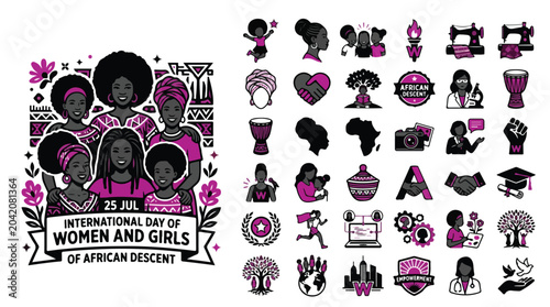 Fotografía African descent women and girls icon set, international day of women of african