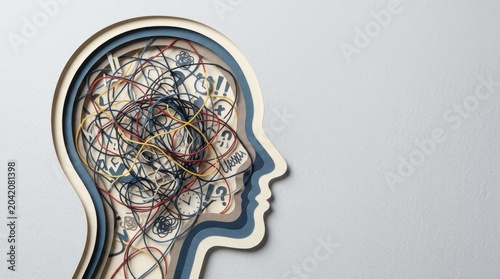 Abstract illustration of a human head silhouette filled with colorful tangled lines and symbols representing thoughts, ideas, and emotions against a light background