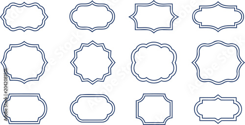 Set of decorative frames and labels in blue outline