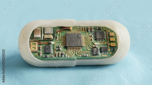 Electronic circuit board encapsulated in a white plastic casing, featuring various components including a microchip and capacitors on a light blue background
