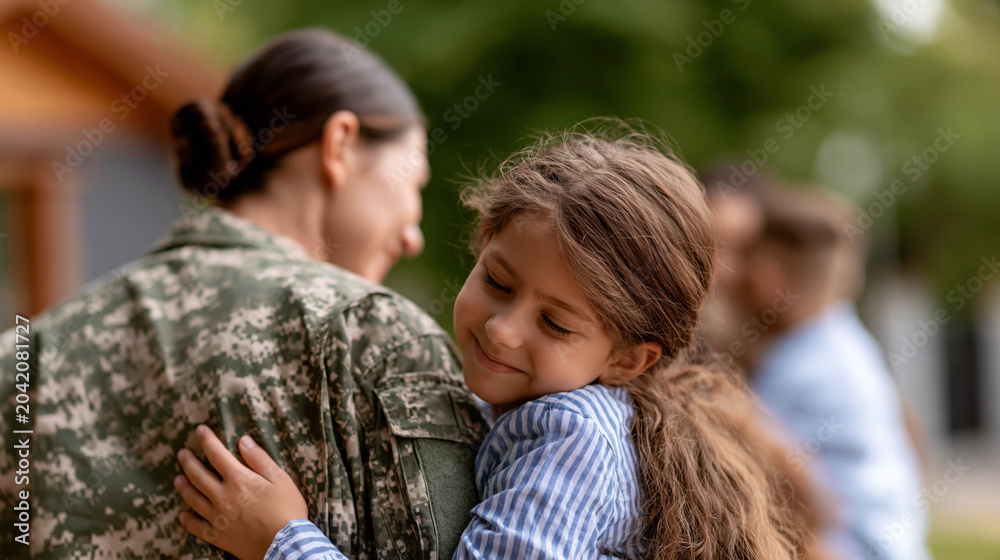 Fototapeta premium Faceless American soldier in uniform returning home on leave to family greeted by two children, family greeting, emotional arrival, homecoming moment, with copy space