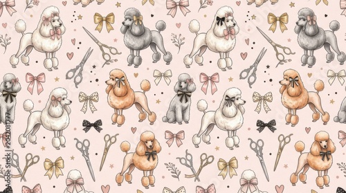 Pattern illustration featuring poodles in various colors, bows, and scissors on a soft pink background, ideal for pet-themed designs and textiles