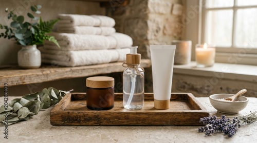 Wooden tray with skincare products including a glass bottle, cream tube, and brown jar, surrounded by towels and candles in a cozy bathroom setting
