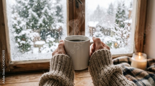 Hands holding a white mug of hot beverage near a window with snow-covered trees outside, warm candlelight and a cozy blanket visible on a wooden table