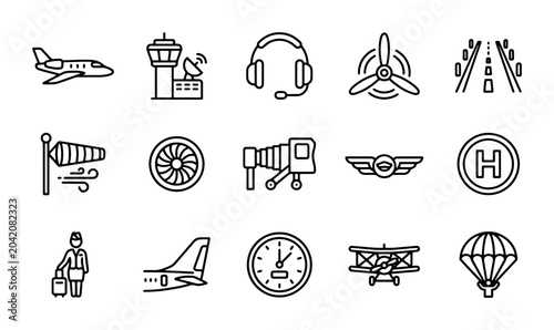 Quadro su tela Airport and Aviation Icons: Airplane, Control Tower, Jet Bridge, Pilot, Helicopt