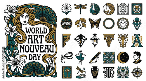 Bild auf Leinwand Art Nouveau design elements set, vintage floral ornaments and elegant illustrati