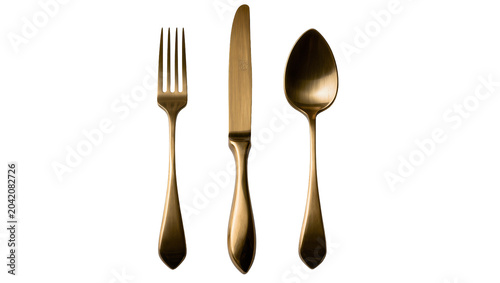 Bild auf Leinwand Golden bronze cutlery set fork knife, and spoon