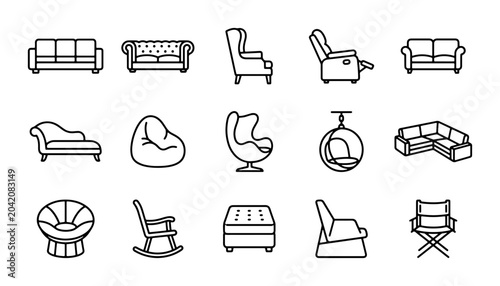 Konstfotografi Modern Furniture Icons Set, Sofa, Chair, Ottoman, Vector Collection for Interior