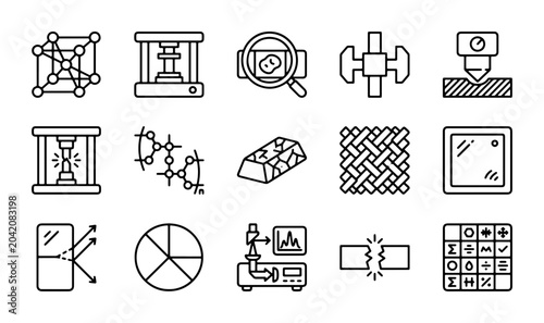 Bild auf Leinwand Material Science Icons: Structure, Testing, and Analysis Vector Set