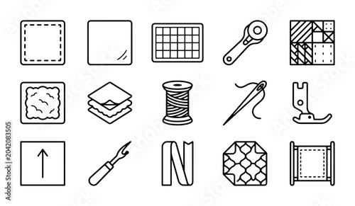 Obraz na płótnie Sewing Icons: Quilting Tools, Fabric Patches, Thread Spool, Rotary Cutter, Needl