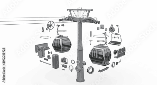 Exploded view of a ski lift and cable car system components
