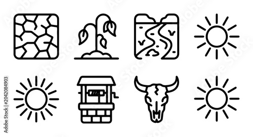 Foto Drought Icons: Dry Cracked Earth, Wilted Plant, Riverbed, Sun, Well, Skull, Vect