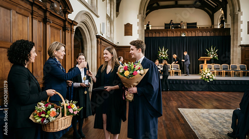 Graduates celebrating achievement with family and friends in a grand hall