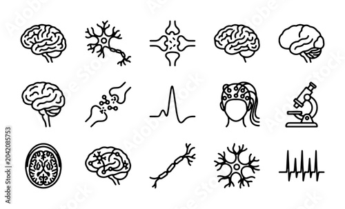 Brain and Neuron Icons, Medical Science Vector Set, Neurology and Neuroscience Concepts
