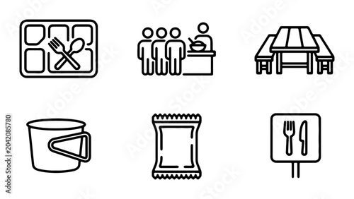 Cafeteria Food Service Icons, Dining Hall Symbols, Meal Tray & Picnic Table Vector Graphics