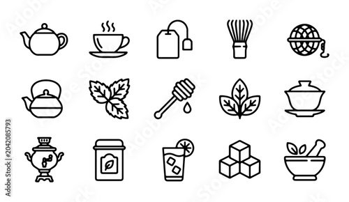 Tea Icons Set: Teapots, Cups, Bags, Honey, Herbs, Samovar, Sugar Cubes, Mortar Pestle