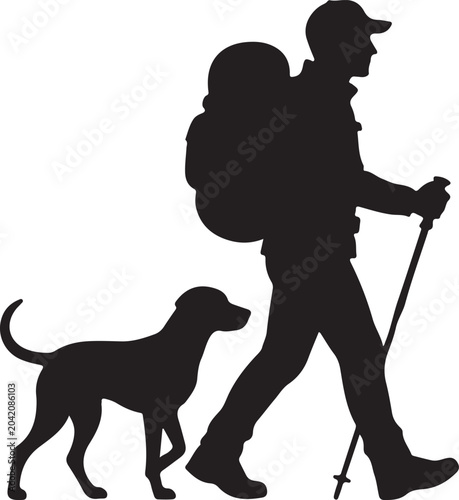Silhouette of a hiker with backpack and dog on a trail black and white silhouette backpack