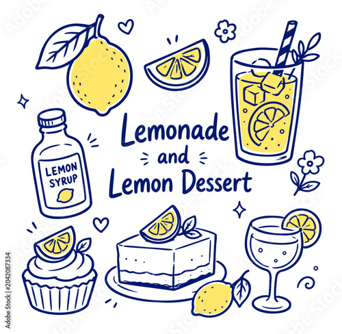 Lemonade and Lemon Dessert Drink Set Doodle Sketch Vector Illustration