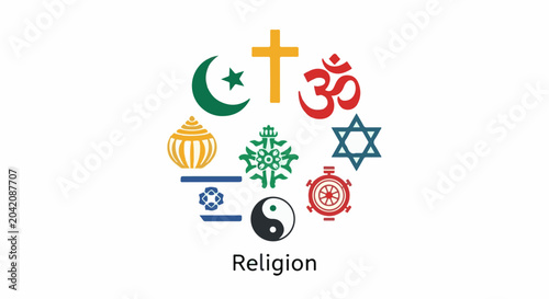 Diverse religious symbols arranged in a circle above the word 