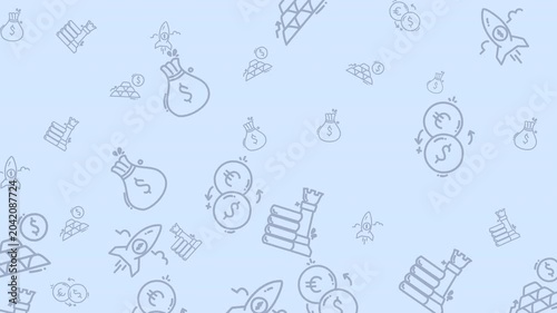 Featuring various financial elements like money bags, rocket ships, euro and dollar coins, gold bars on a light blue background. Suitable for financerelated designs.