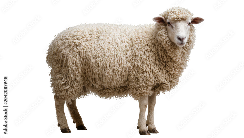 Fototapeta premium Fluffy woolly sheep standing on white
