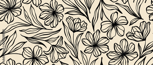 Leaves branch and Hand Drawn simple floral plants banner. seamless pattern. Creative minimalist Abstract art background. Design wall decoration, postcard, poster or brochure