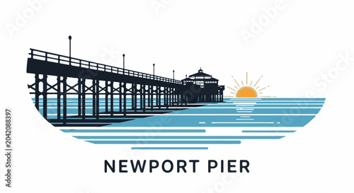 Silhouette of a pier over the ocean at sunset with stylized waves
