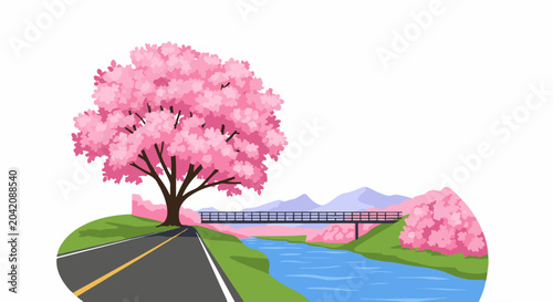 Spring landscape with cherry blossoms, a river, and a bridge over a road