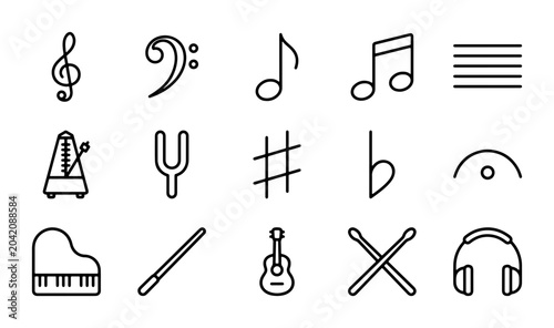 Bilde på lerret Music Icons Set: Treble Clef, Bass Clef, Notes, Metronome, Guitar, Headphones, P