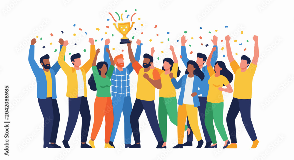 © atuh - Diverse group celebrates victory holding up a trophy and confetti falls © atuh - Diverse group celebrates victory holding up a trophy and confetti falls