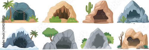 Cave entrance vector illustration set, includes empty stone caves in forest and jungle landscapes with wild rock openings for adventure, exploration, nature, and fantasy themed design projects.