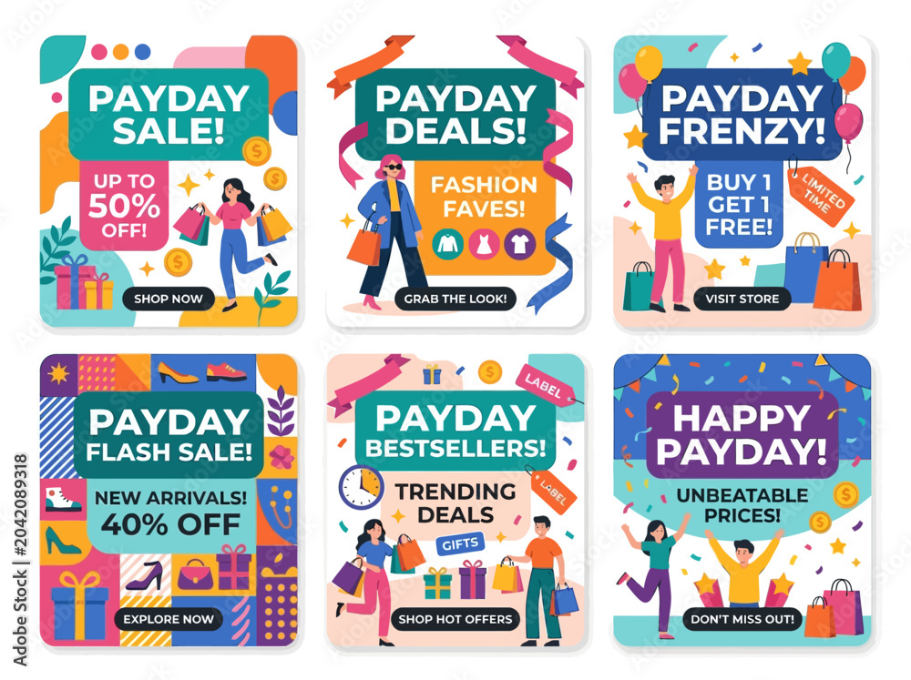 Fototapeta premium Vibrant vector illustrations of people enjoying payday sales and shopping promotions. A playful banner pack for online deals and discounts.