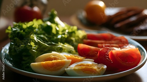 A vibrant composition of fresh green leafy vegetables and a ripe yellow tomato on a wooden surface