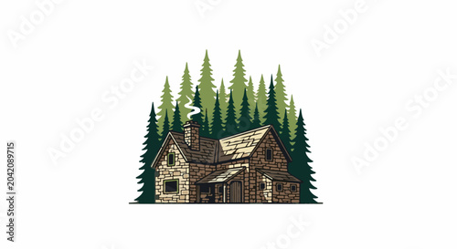 Stone cottage with a chimney emitting smoke, nestled among evergreen trees